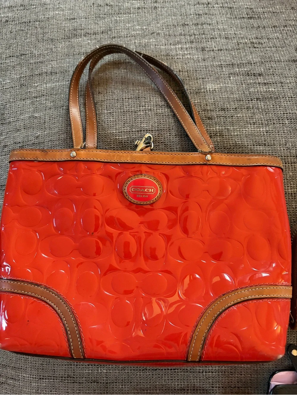 Coach Red Patent Leather Tote with Brown Trim